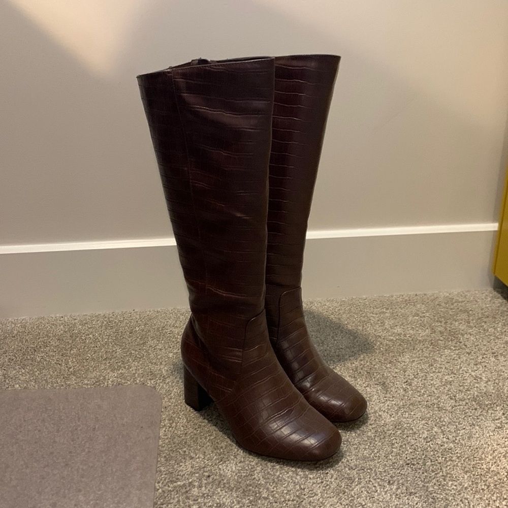 Chocolate Brown Croc Heeled Knee High Boots